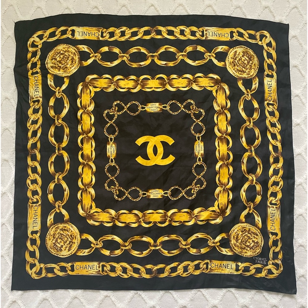 Vintage CHANEL Silk 31 Rue Cambon Scarf Black Gold
